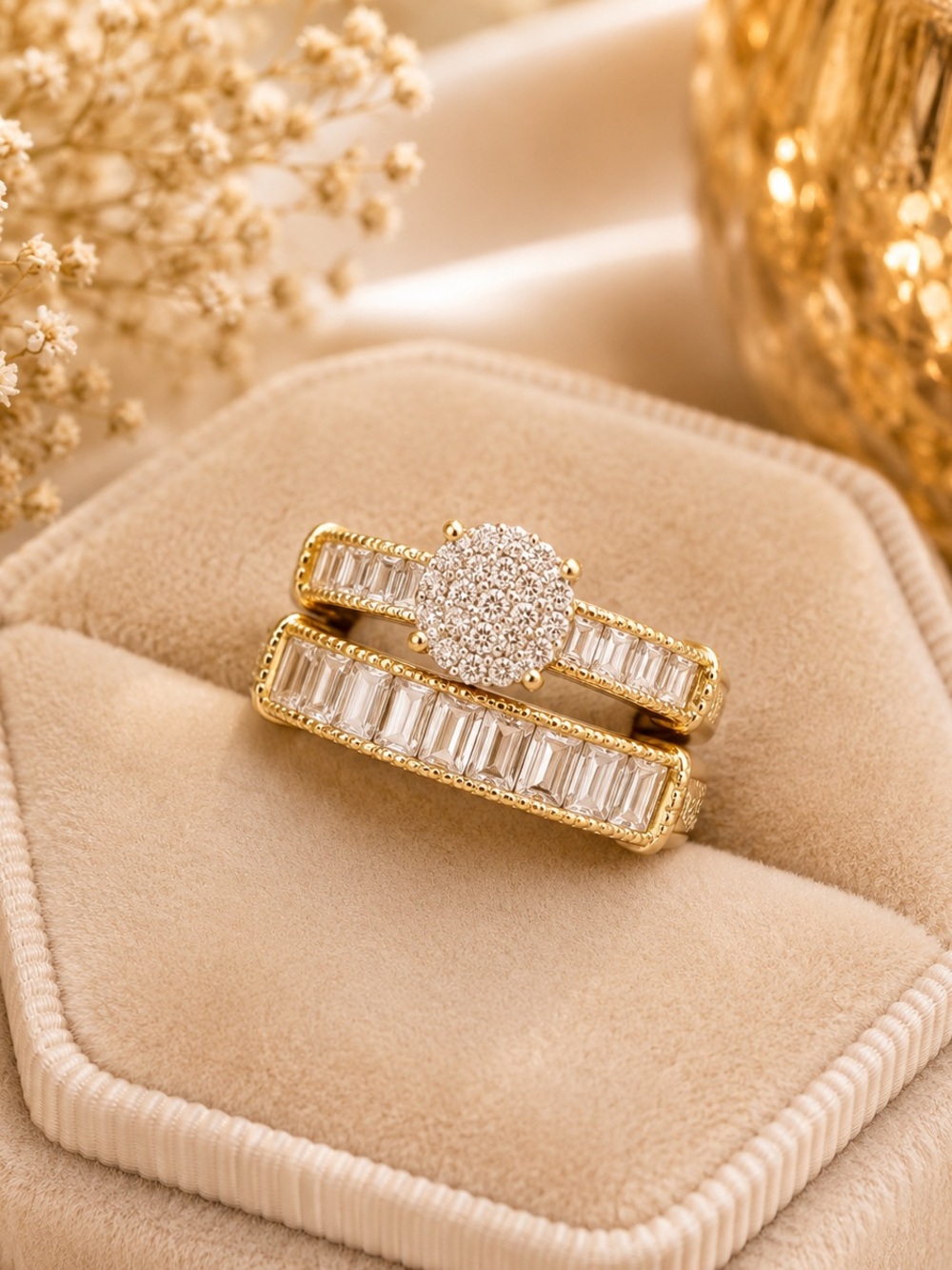 14K Gold Filled Moissanite Halo wedding Ring Set - Women Jewelry. Size 8